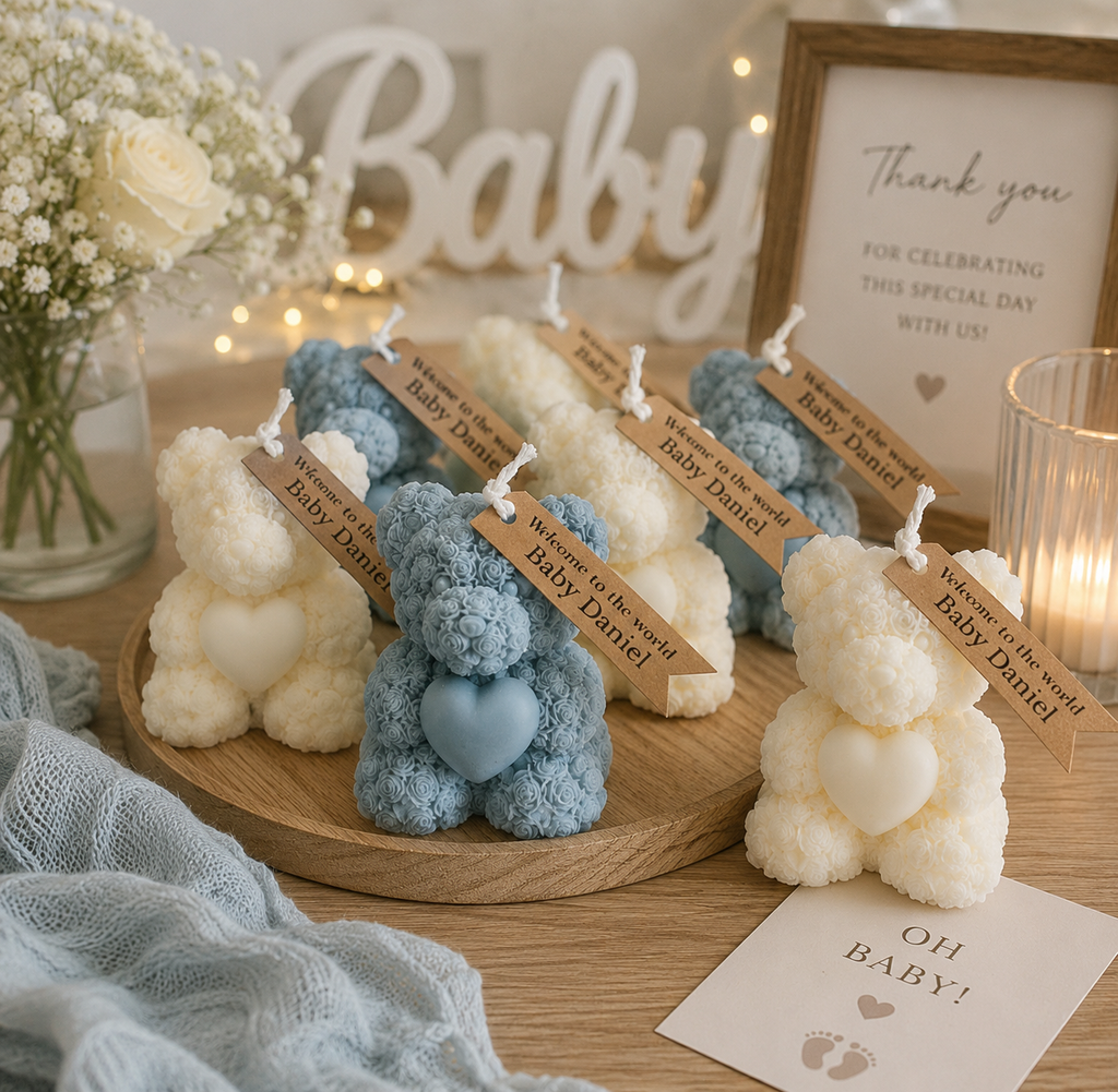 Personalized Teddy Bear Candle Return Favour | Baby Shower, Birthday & Event Gifts