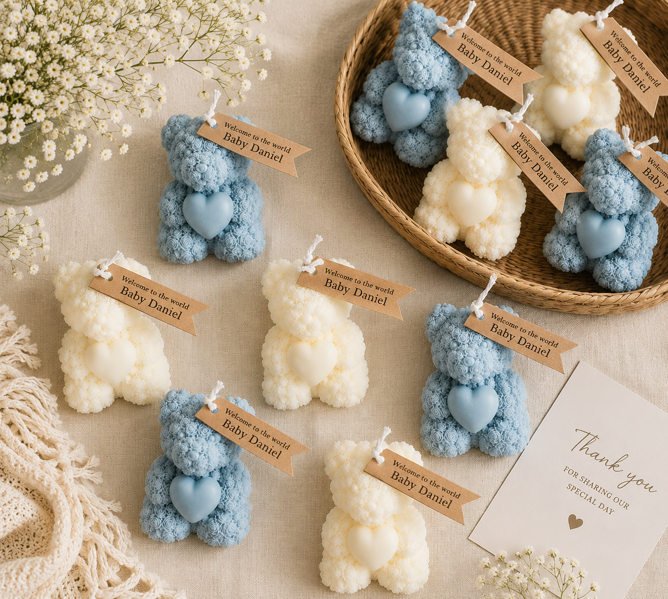 Personalized Teddy Bear Candle Return Favour | Baby Shower, Birthday & Event Gifts